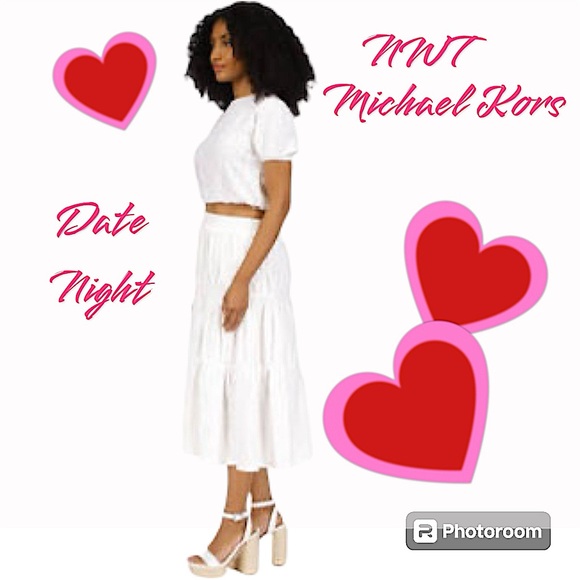 NWT. Michael Kors 2PC Eyelet Midi Skirt-Size L and Cropped Top-Size XL. White. - Picture 1 of 11